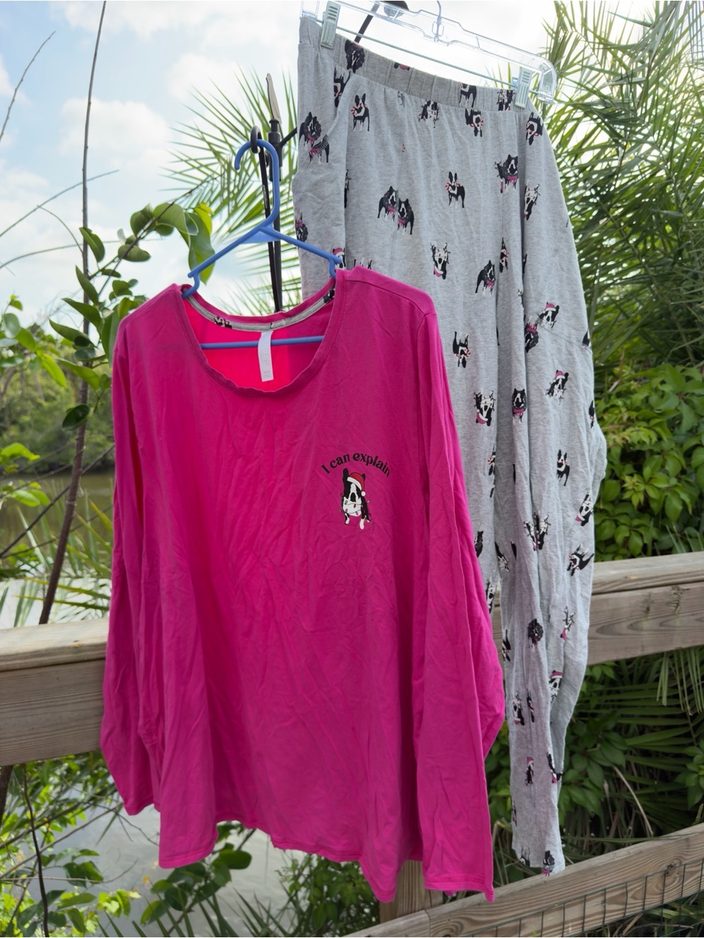 Cacique Hot Pink Long-Sleeve Top with Gray Boston Terrier print pants